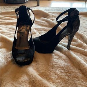 Black and Silver Ankle Strap Heels
